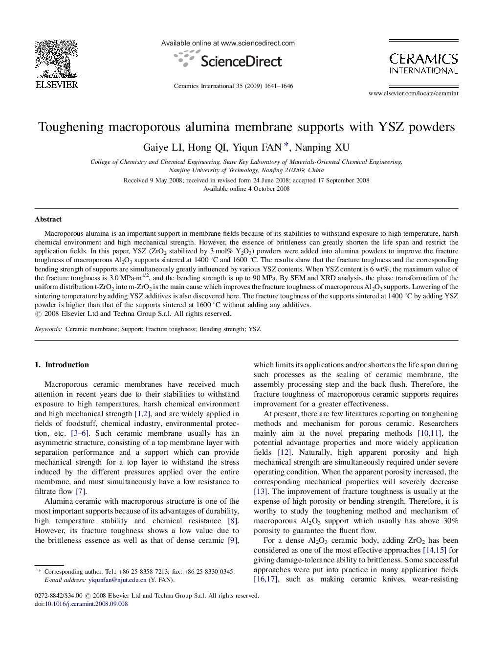 Toughening macroporous alumina membrane supports with YSZ powders