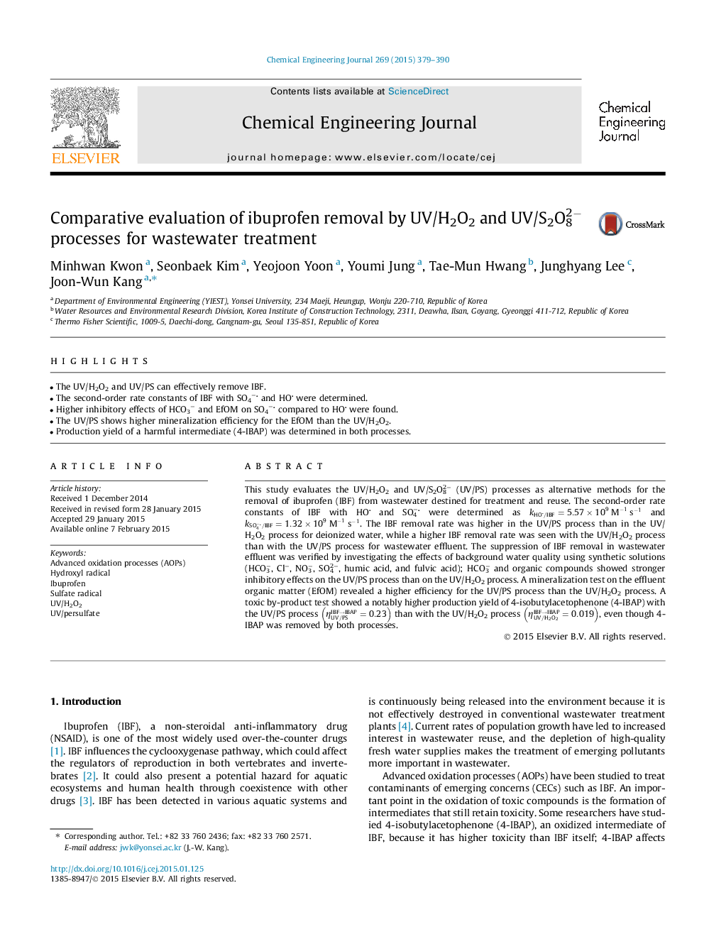 Comparative evaluation of ibuprofen removal by UV/H2O2 and UV/S2O82− processes for wastewater treatment