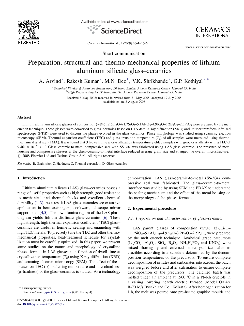 عکس صفحه اول مقاله: Preparation, structural and thermo-mechanical properties of lithium aluminum silicate glass–ceramics Preparation, structural and thermo-mechanical properties of lithium aluminum silicate glass–ceramics