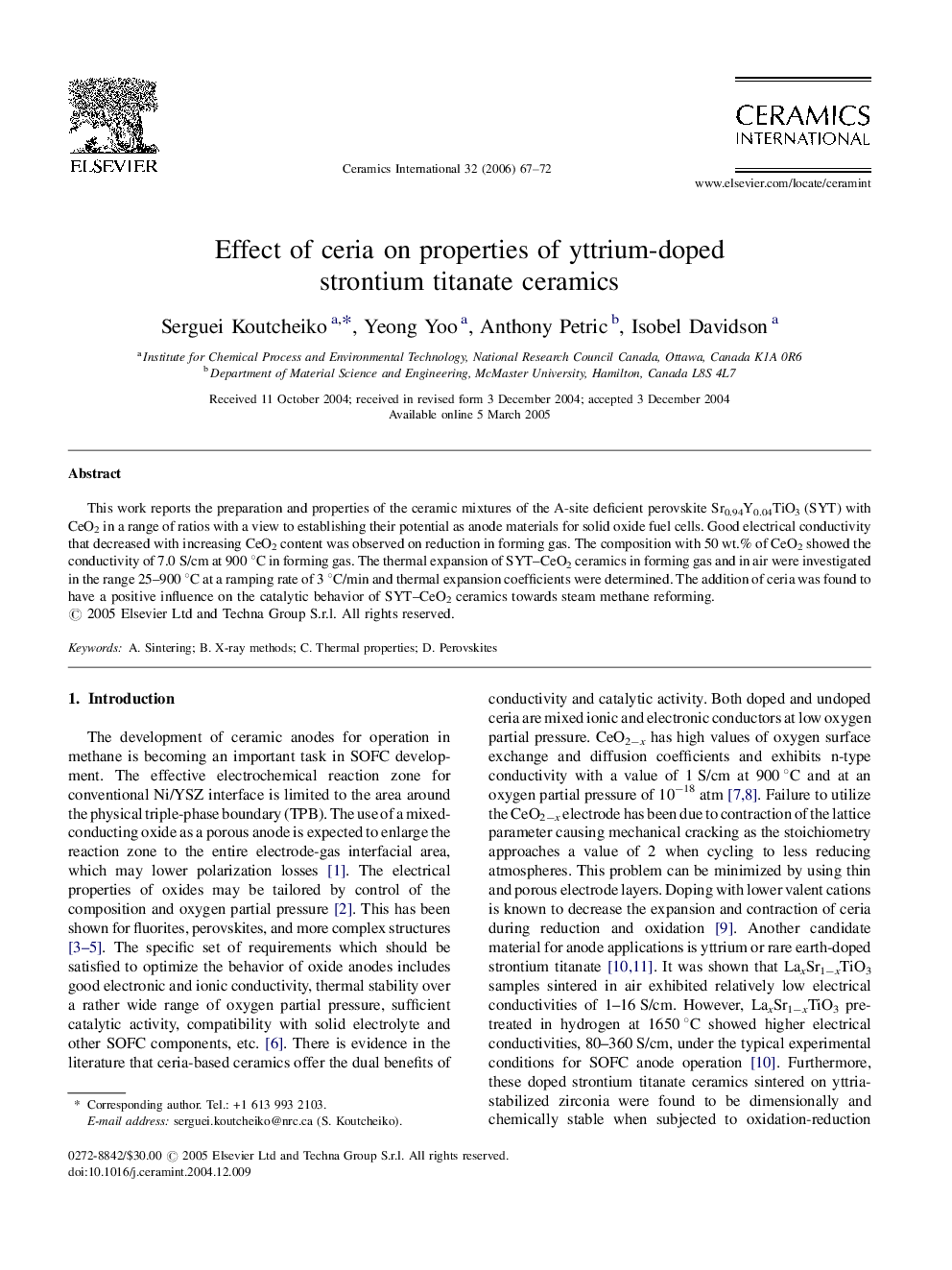 Effect of ceria on properties of yttrium-doped strontium titanate ceramics