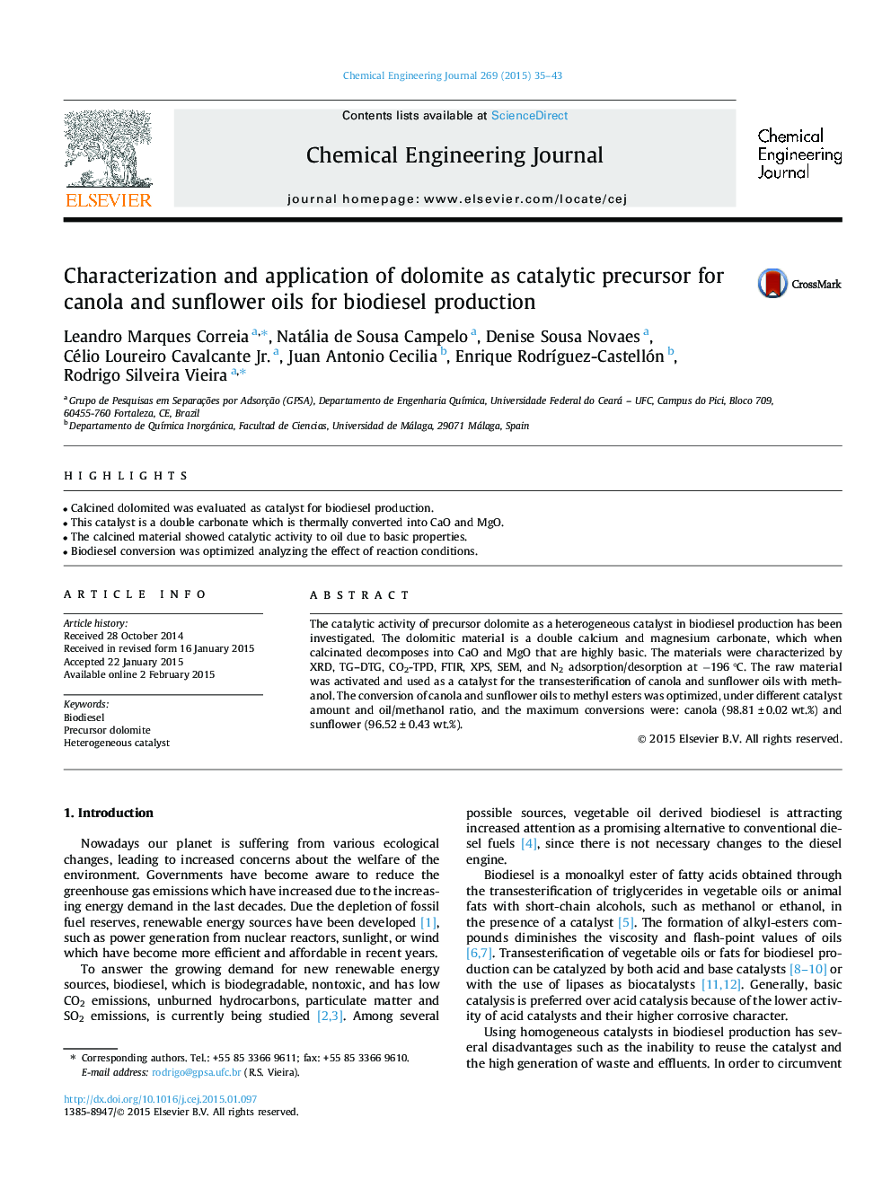 Characterization and application of dolomite as catalytic precursor for canola and sunflower oils for biodiesel production