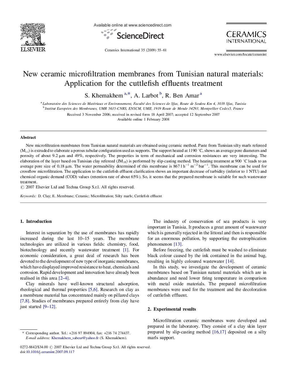 New ceramic microfiltration membranes from Tunisian natural materials: Application for the cuttlefish effluents treatment