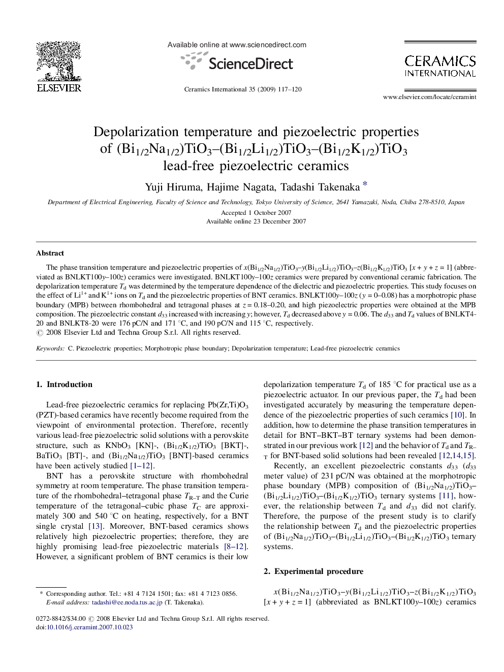 Depolarization temperature and piezoelectric properties of (Bi1/2Na1/2)TiO3–(Bi1/2Li1/2)TiO3–(Bi1/2K1/2)TiO3 lead-free piezoelectric ceramics