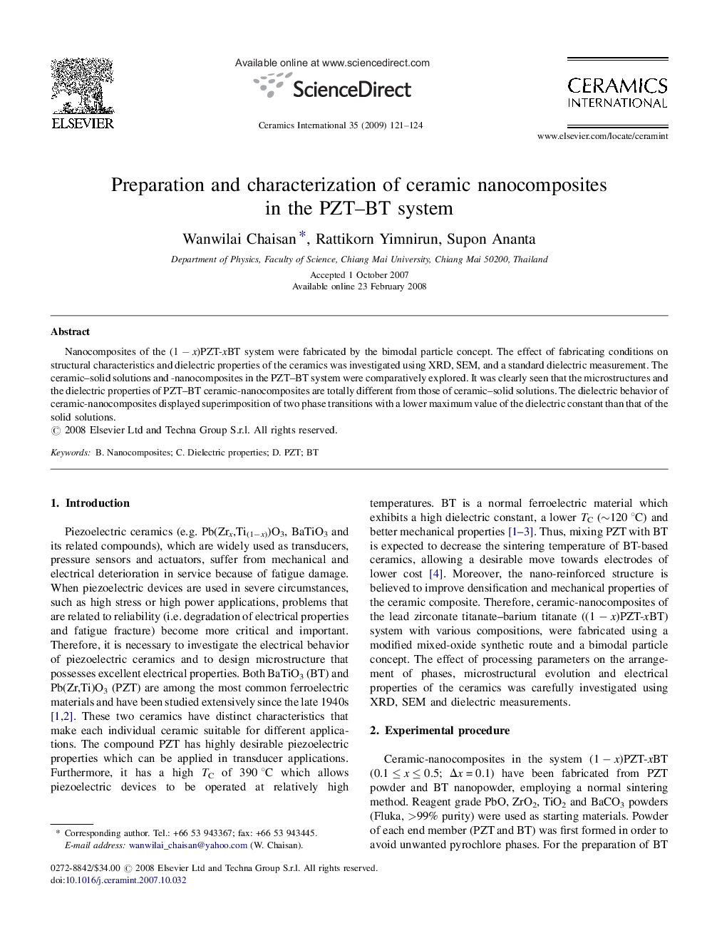 Preparation and characterization of ceramic nanocomposites in the PZT-BT system