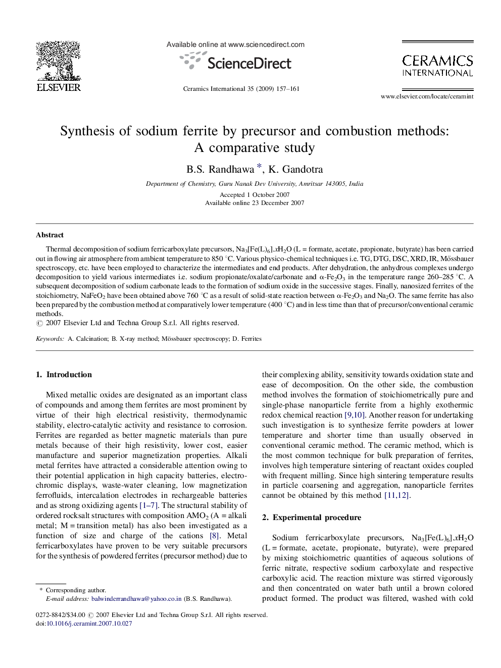 Synthesis of sodium ferrite by precursor and combustion methods: A comparative study