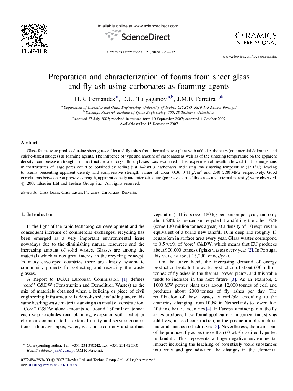 Preparation and characterization of foams from sheet glass and fly ash using carbonates as foaming agents