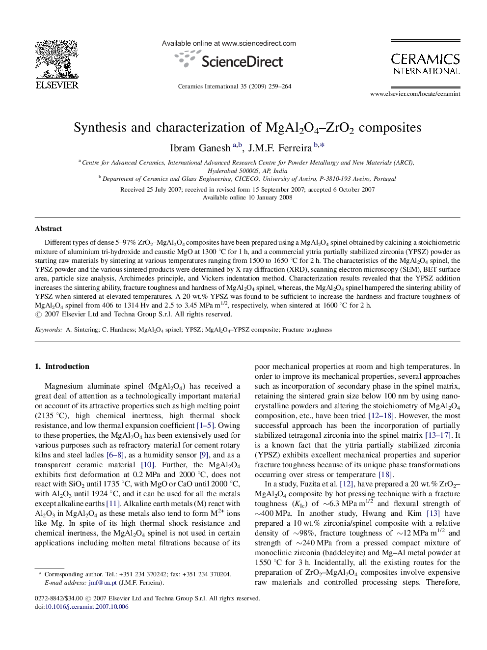 Synthesis and characterization of MgAl2O4–ZrO2 composites