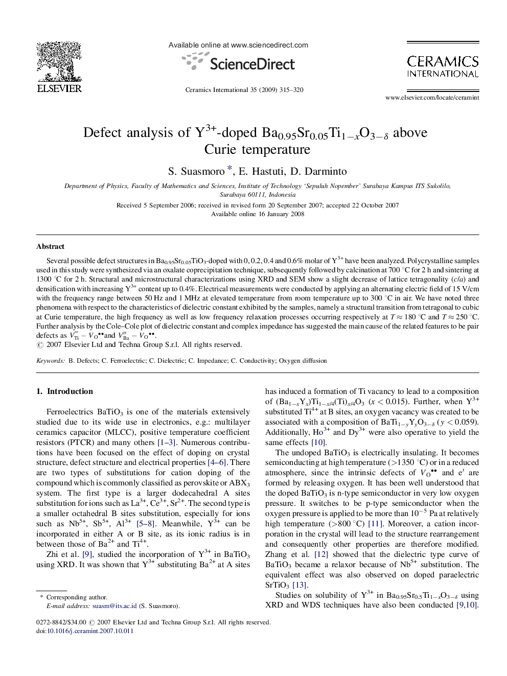 Defect analysis of Y3+-doped Ba0.95Sr0.05Ti1âxO3âÎ´ above Curie temperature