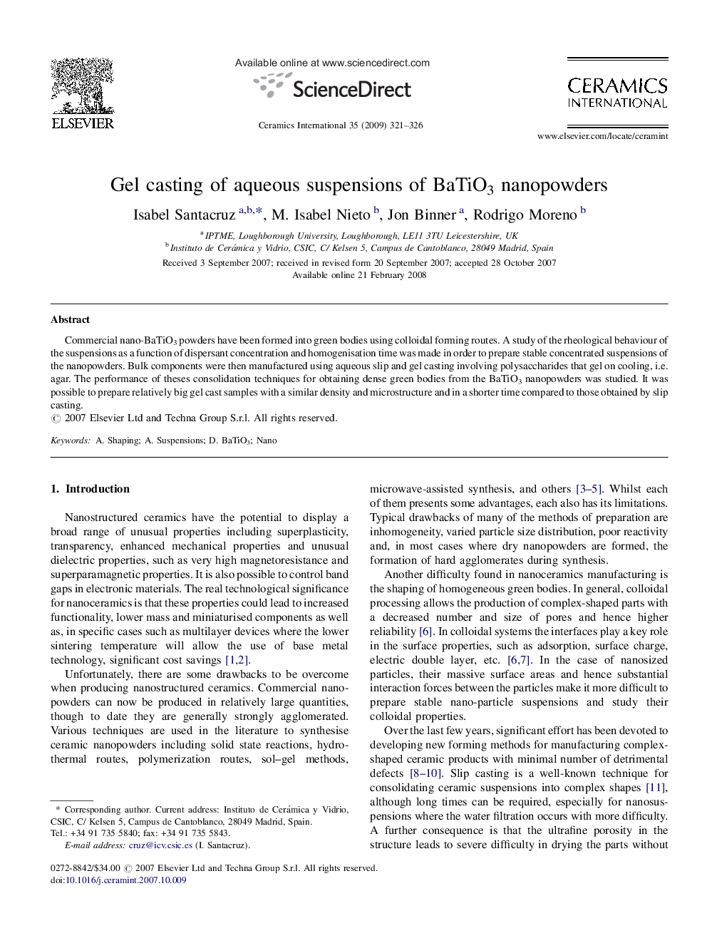 Gel casting of aqueous suspensions of BaTiO3 nanopowders