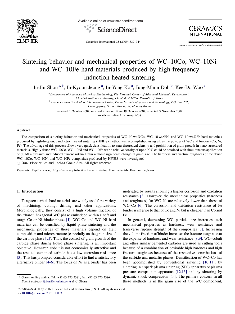 Sintering behavior and mechanical properties of WC–10Co, WC–10Ni and WC–10Fe hard materials produced by high-frequency induction heated sintering