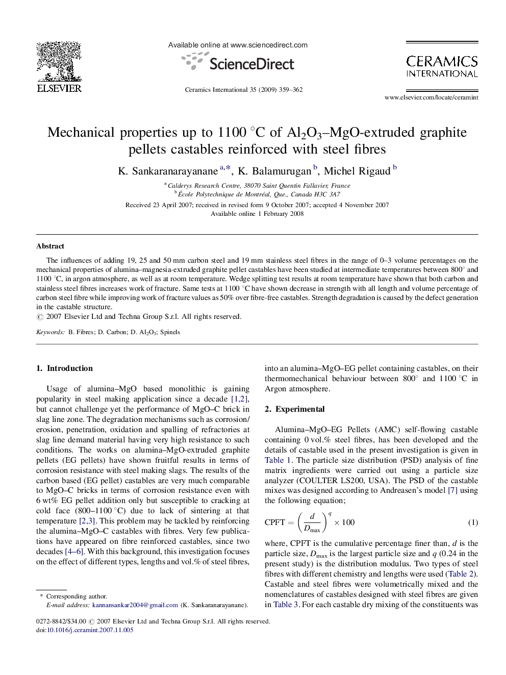 Mechanical properties up to 1100 °C of Al2O3–MgO-extruded graphite pellets castables reinforced with steel fibres