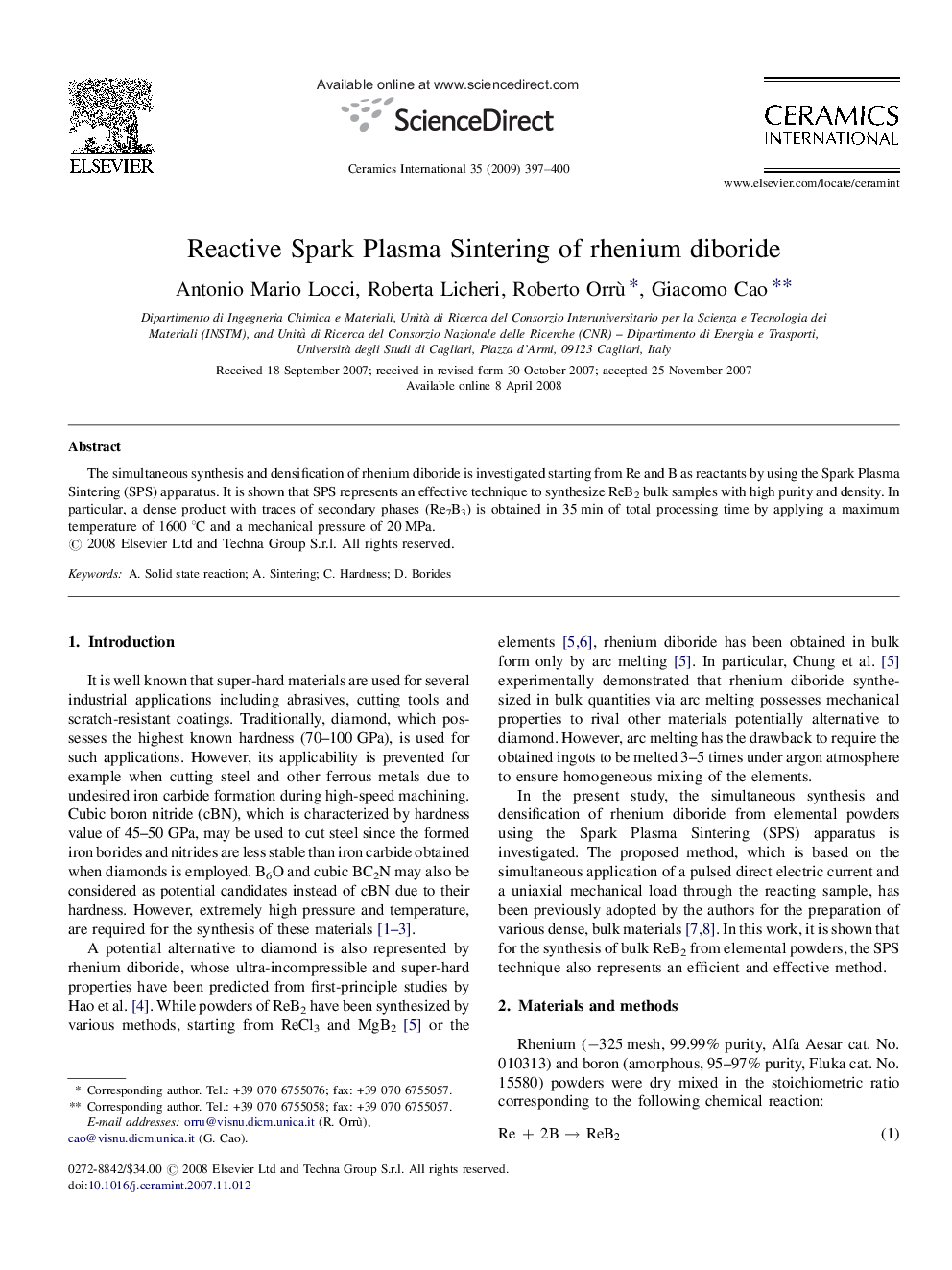 عکس صفحه اول مقاله: Reactive Spark Plasma Sintering of rhenium diboride Reactive Spark Plasma Sintering of rhenium diboride