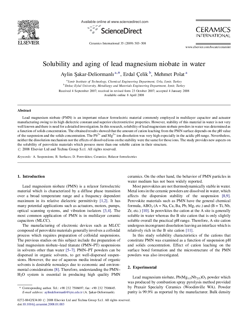 Solubility and aging of lead magnesium niobate in water