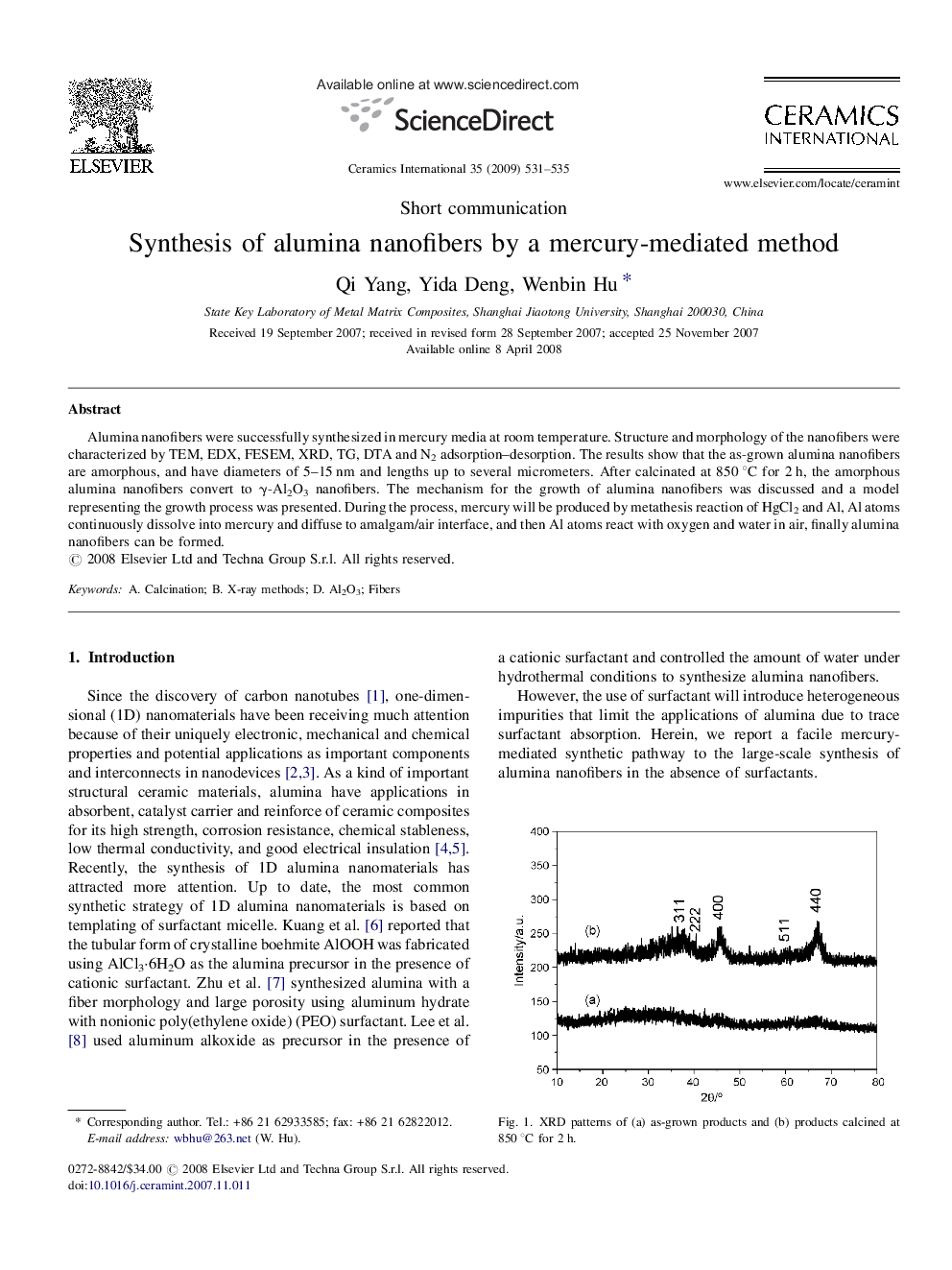 Synthesis of alumina nanofibers by a mercury-mediated method