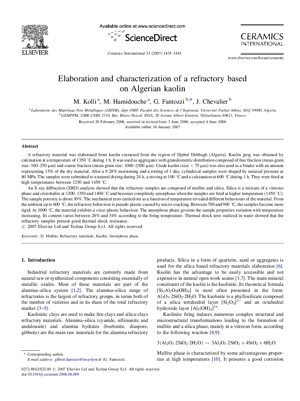 Elaboration and characterization of a refractory based on Algerian kaolin