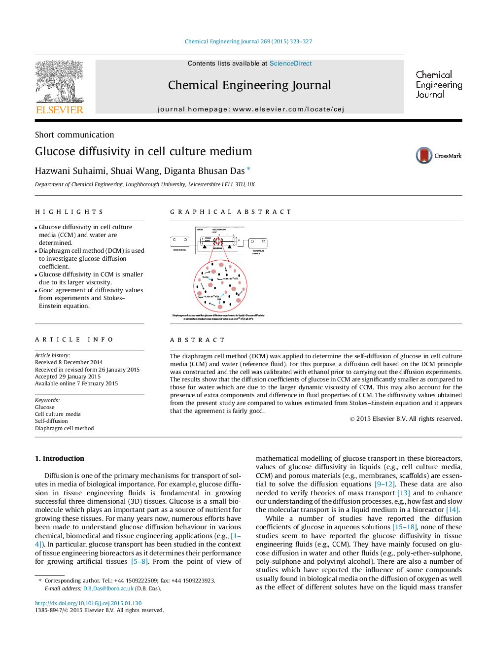 Glucose diffusivity in cell culture medium