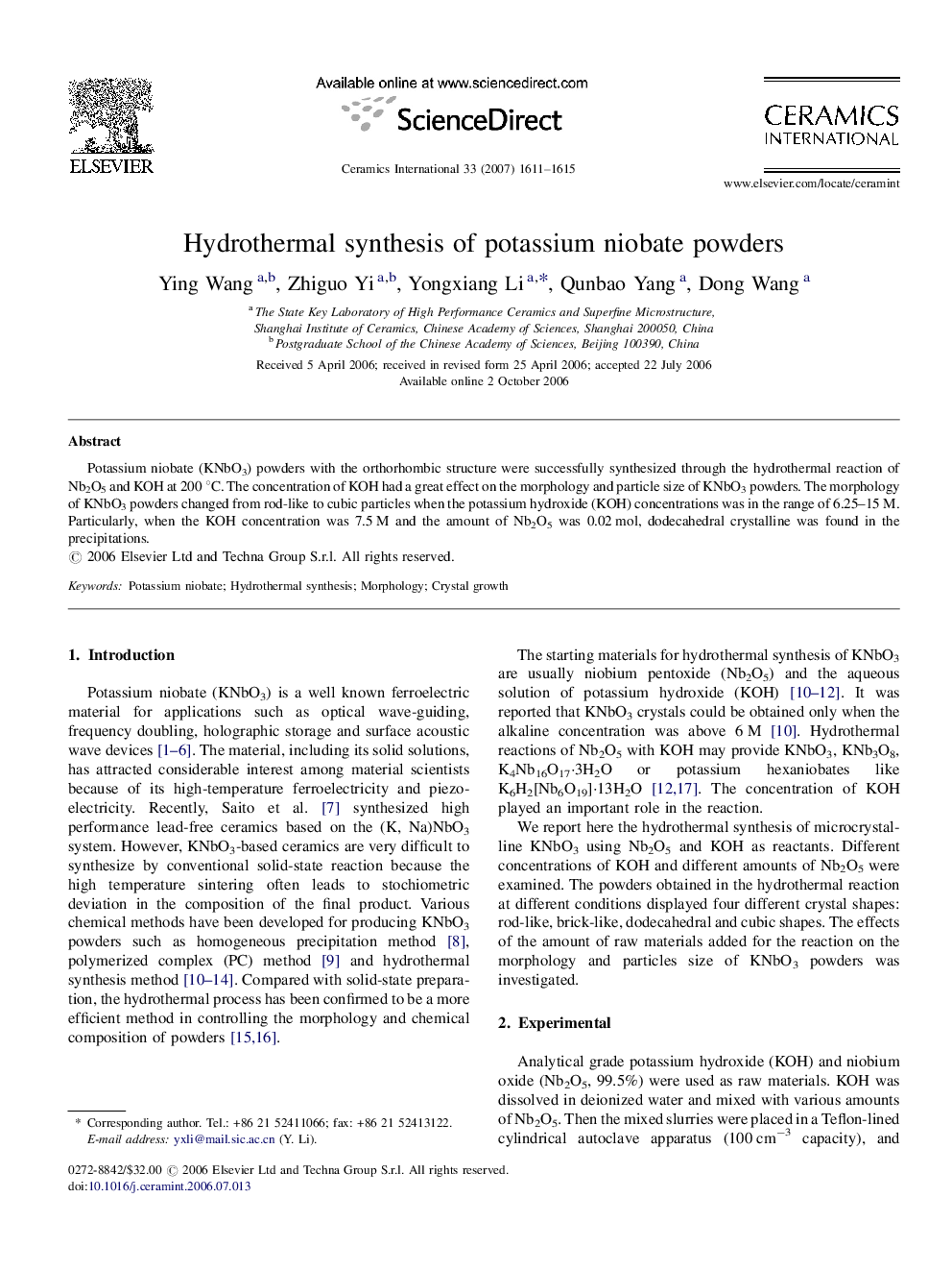 Hydrothermal synthesis of potassium niobate powders