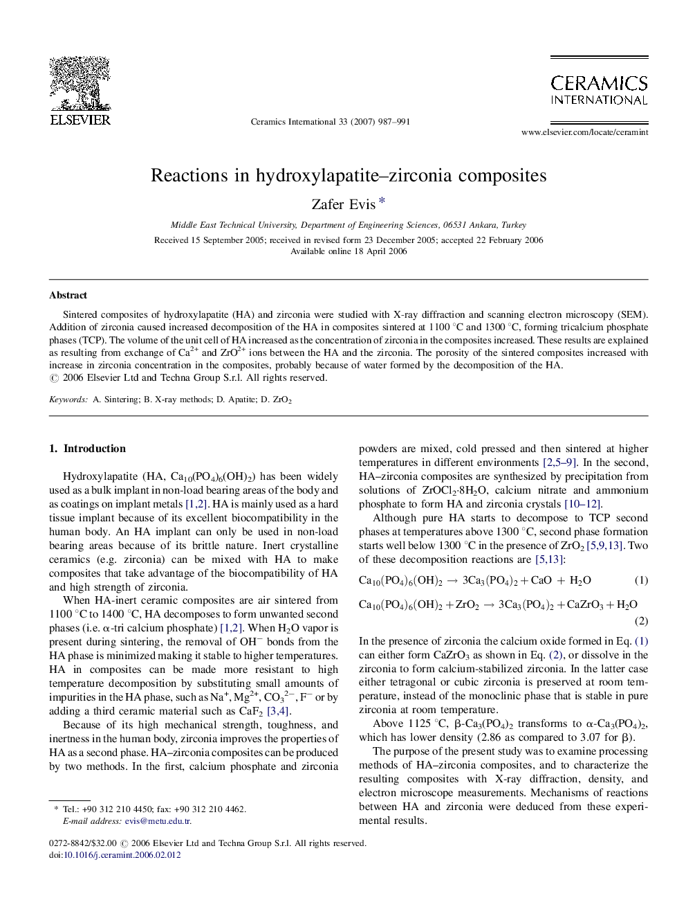 Reactions in hydroxylapatite–zirconia composites