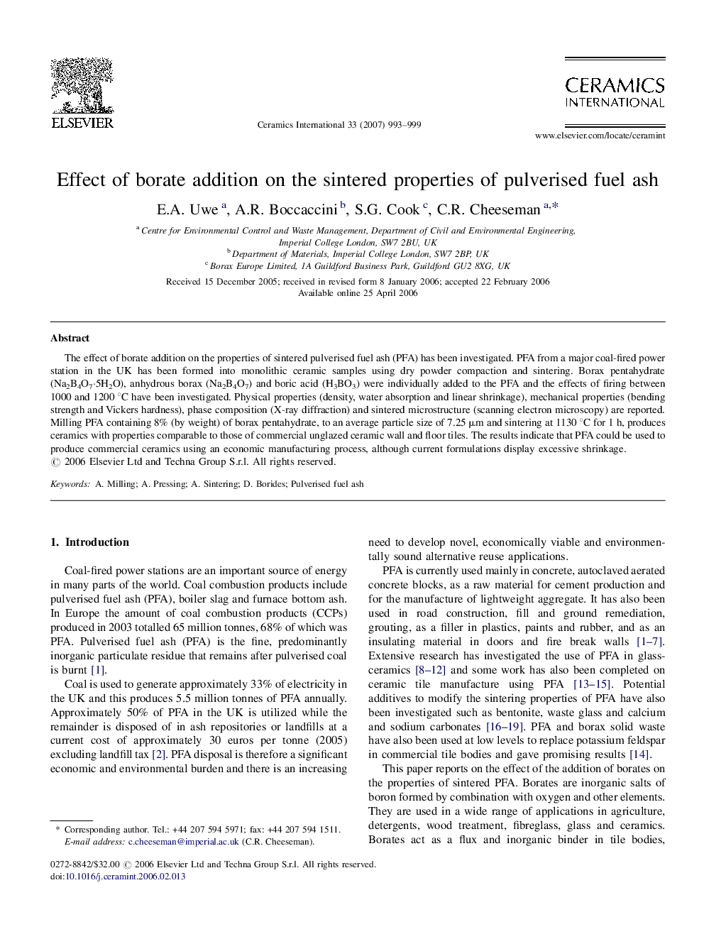 Effect of borate addition on the sintered properties of pulverised fuel ash