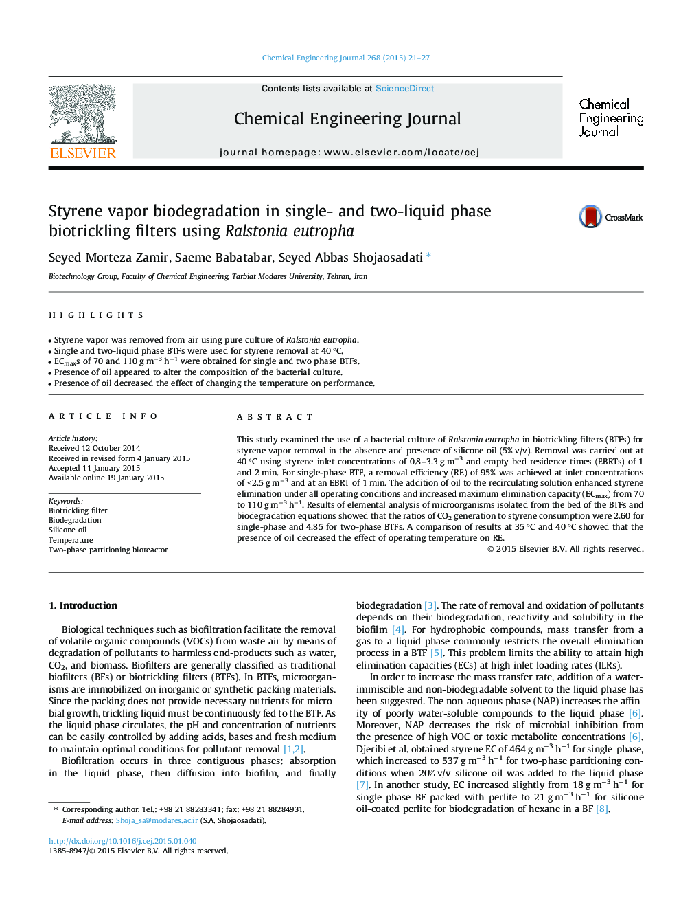 Styrene vapor biodegradation in single- and two-liquid phase biotrickling filters using Ralstonia eutropha