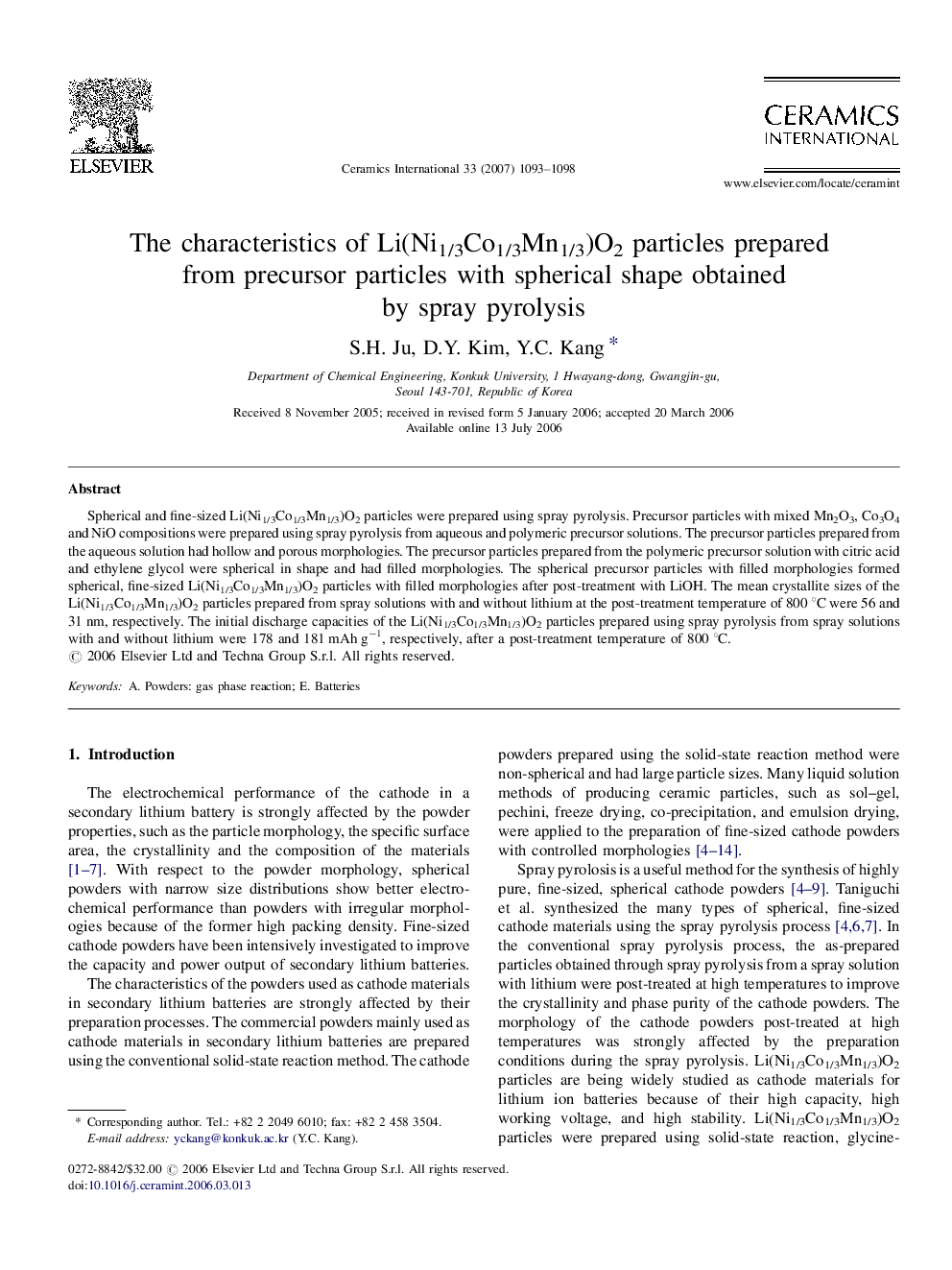 The characteristics of Li(Ni1/3Co1/3Mn1/3)O2 particles prepared from precursor particles with spherical shape obtained by spray pyrolysis