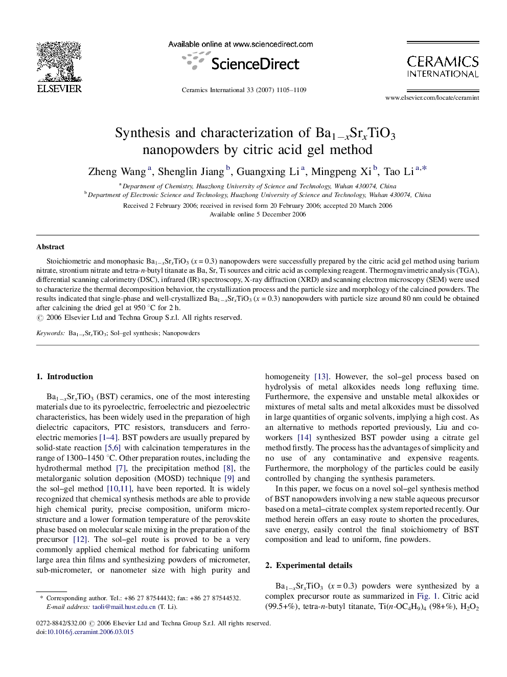 Synthesis and characterization of Ba1−xSrxTiO3 nanopowders by citric acid gel method