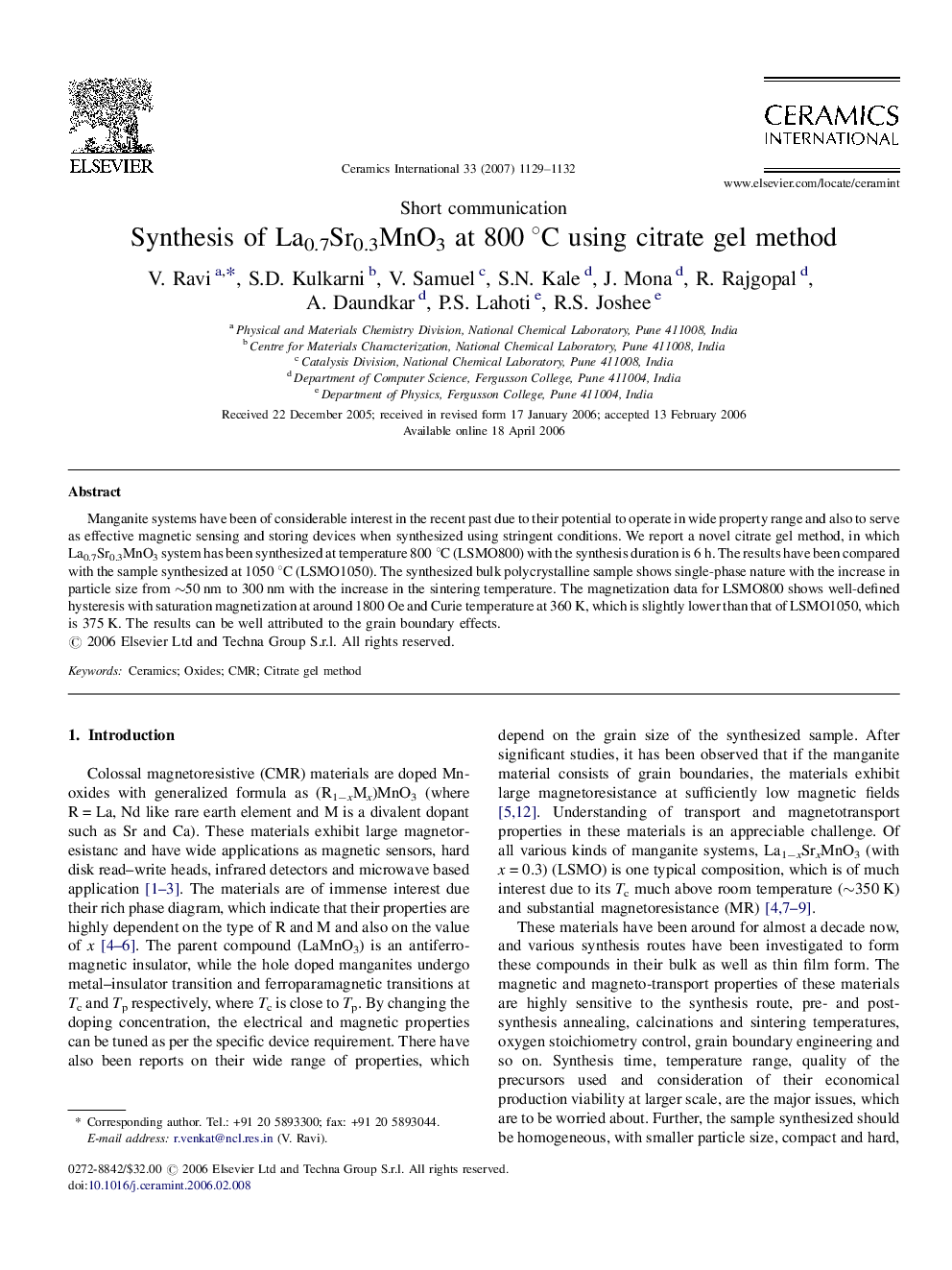 Synthesis of La0.7Sr0.3MnO3 at 800 °C using citrate gel method