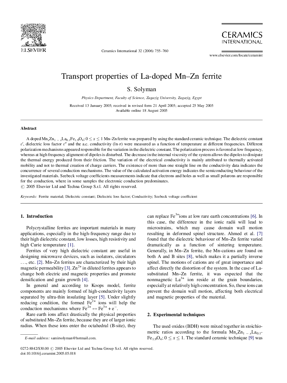 Transport properties of La-doped Mn–Zn ferrite