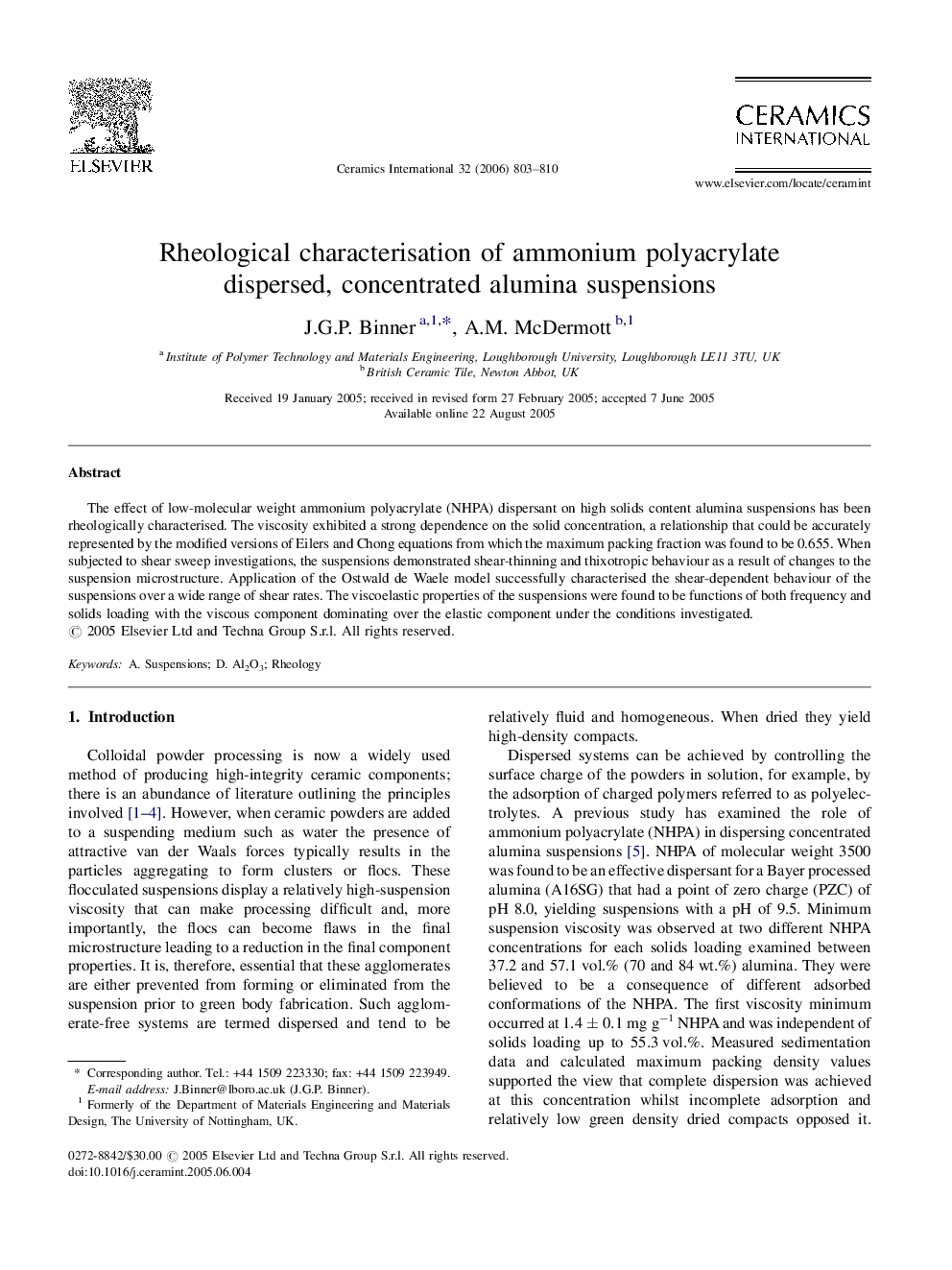Rheological characterisation of ammonium polyacrylate dispersed, concentrated alumina suspensions