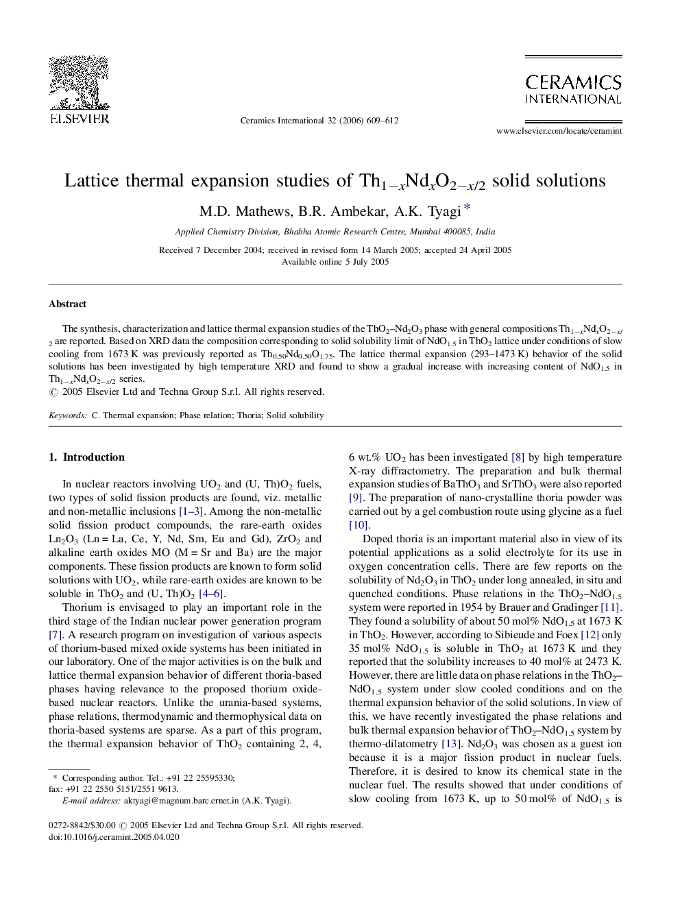 Lattice thermal expansion studies of Th1−xNdxO2−x/2 solid solutions