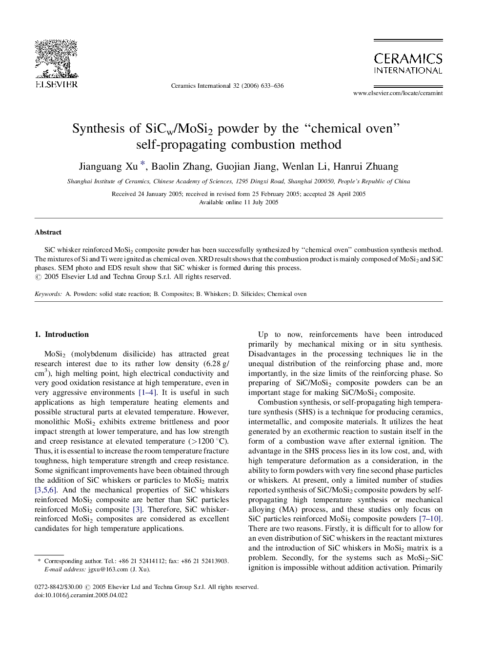 عکس صفحه اول مقاله: Synthesis of SiCw/MoSi2 powder by the “chemical oven” self-propagating combustion method Synthesis of SiCw/MoSi2 powder by the “chemical oven” self-propagating combustion method