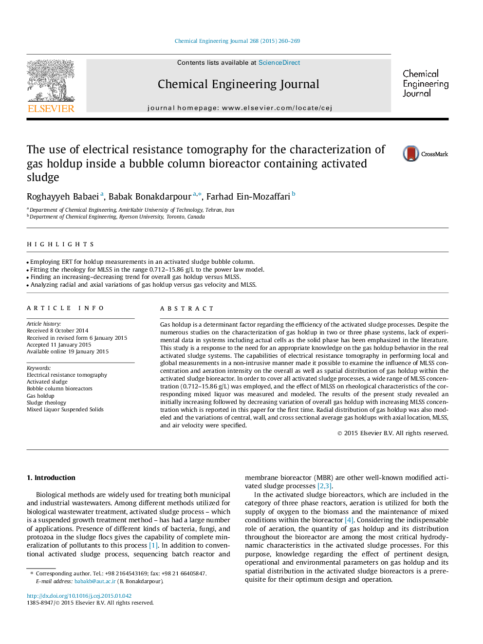 The use of electrical resistance tomography for the characterization of gas holdup inside a bubble column bioreactor containing activated sludge