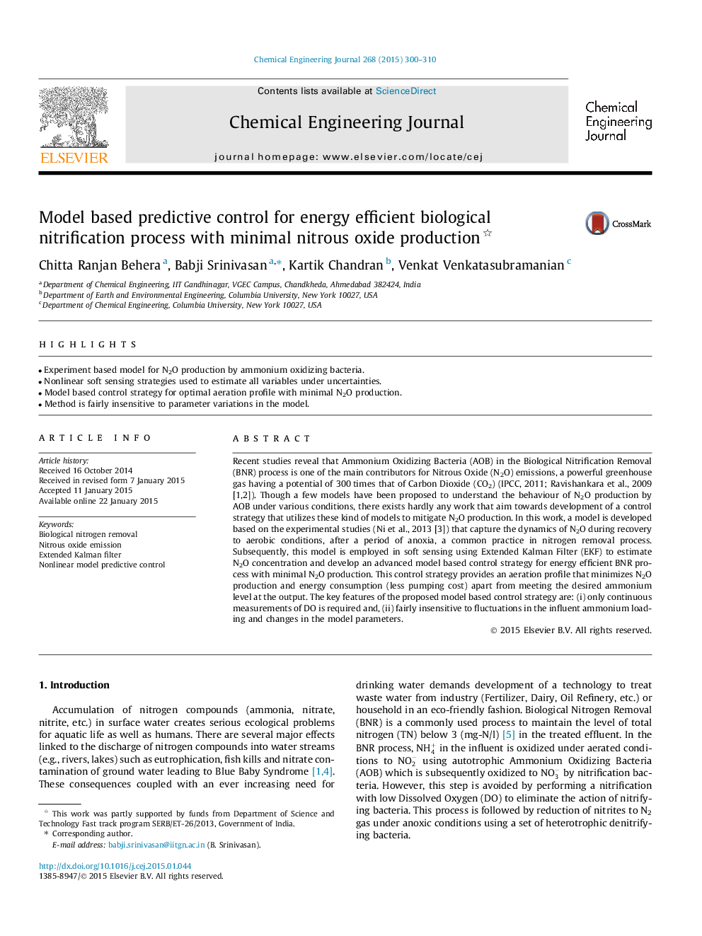 Model based predictive control for energy efficient biological nitrification process with minimal nitrous oxide production 