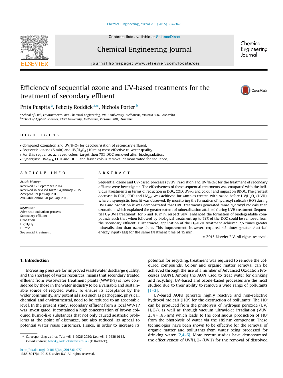 Efficiency of sequential ozone and UV-based treatments for the treatment of secondary effluent