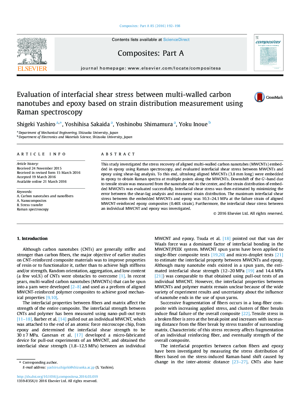 Evaluation of interfacial shear stress between multi-walled carbon nanotubes and epoxy based on strain distribution measurement using Raman spectroscopy