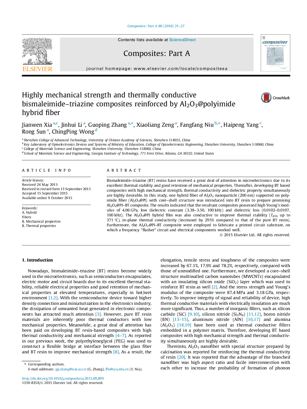 Highly mechanical strength and thermally conductive bismaleimide–triazine composites reinforced by Al2O3@polyimide hybrid fiber