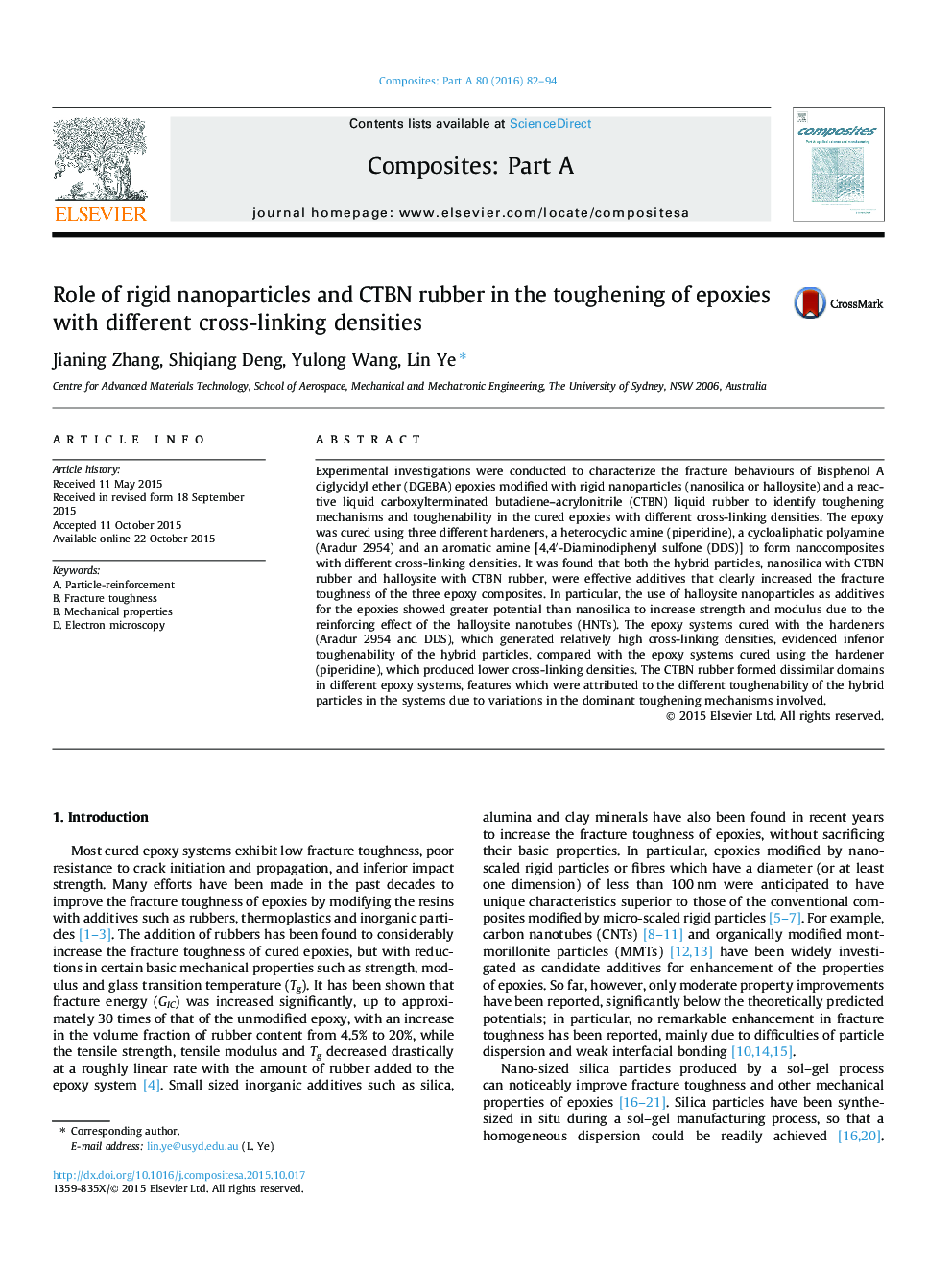 Role of rigid nanoparticles and CTBN rubber in the toughening of epoxies with different cross-linking densities