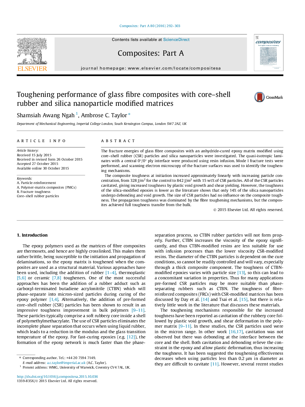 Toughening performance of glass fibre composites with core–shell rubber and silica nanoparticle modified matrices