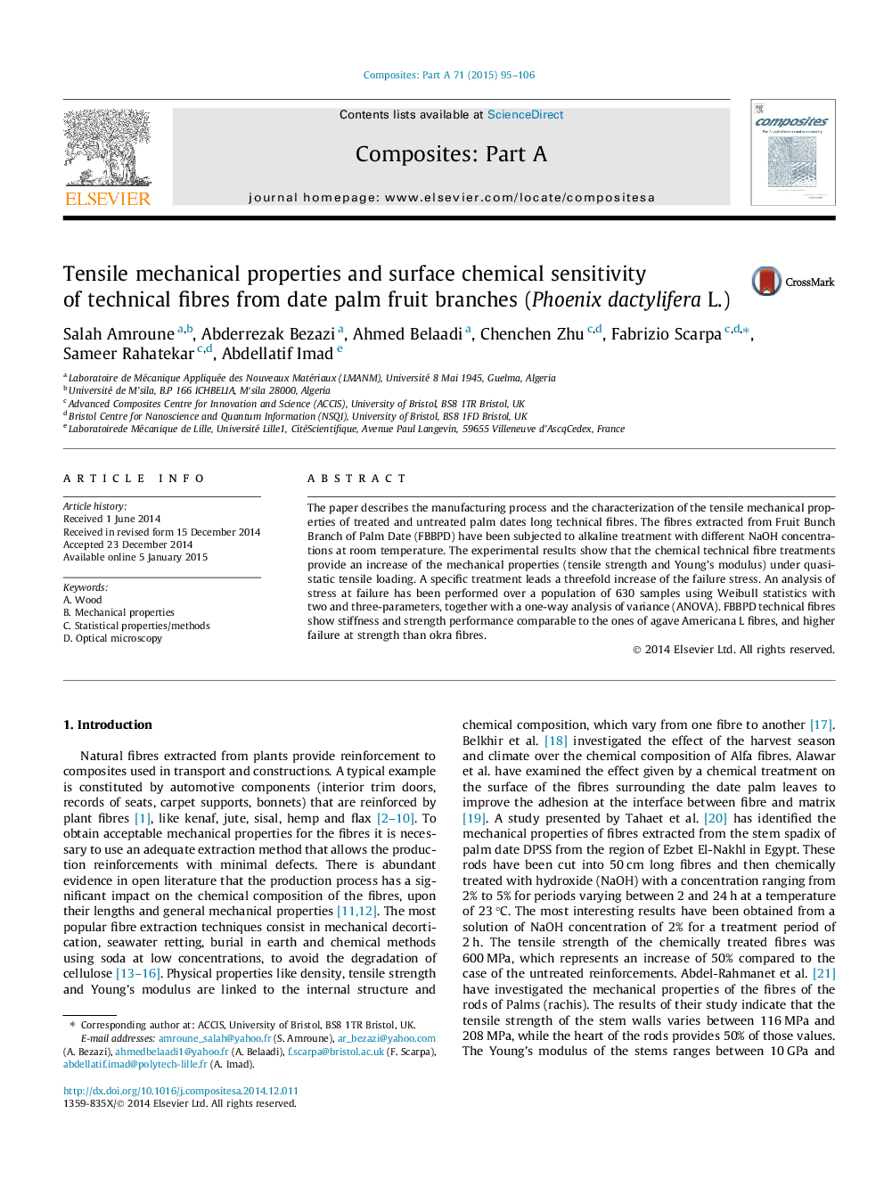 Tensile mechanical properties and surface chemical sensitivity of technical fibres from date palm fruit branches (Phoenix dactylifera L.)