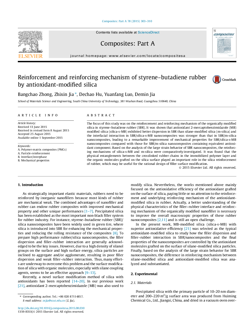 عکس صفحه اول مقاله: Reinforcement and reinforcing mechanism of styrene–butadiene rubber by antioxidant-modified silica Reinforcement and reinforcing mechanism of styrene–butadiene rubber by antioxidant-modified silica