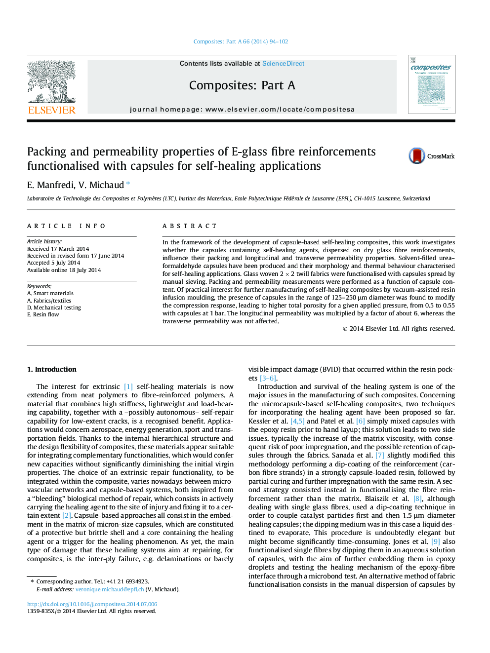 Packing and permeability properties of E-glass fibre reinforcements functionalised with capsules for self-healing applications