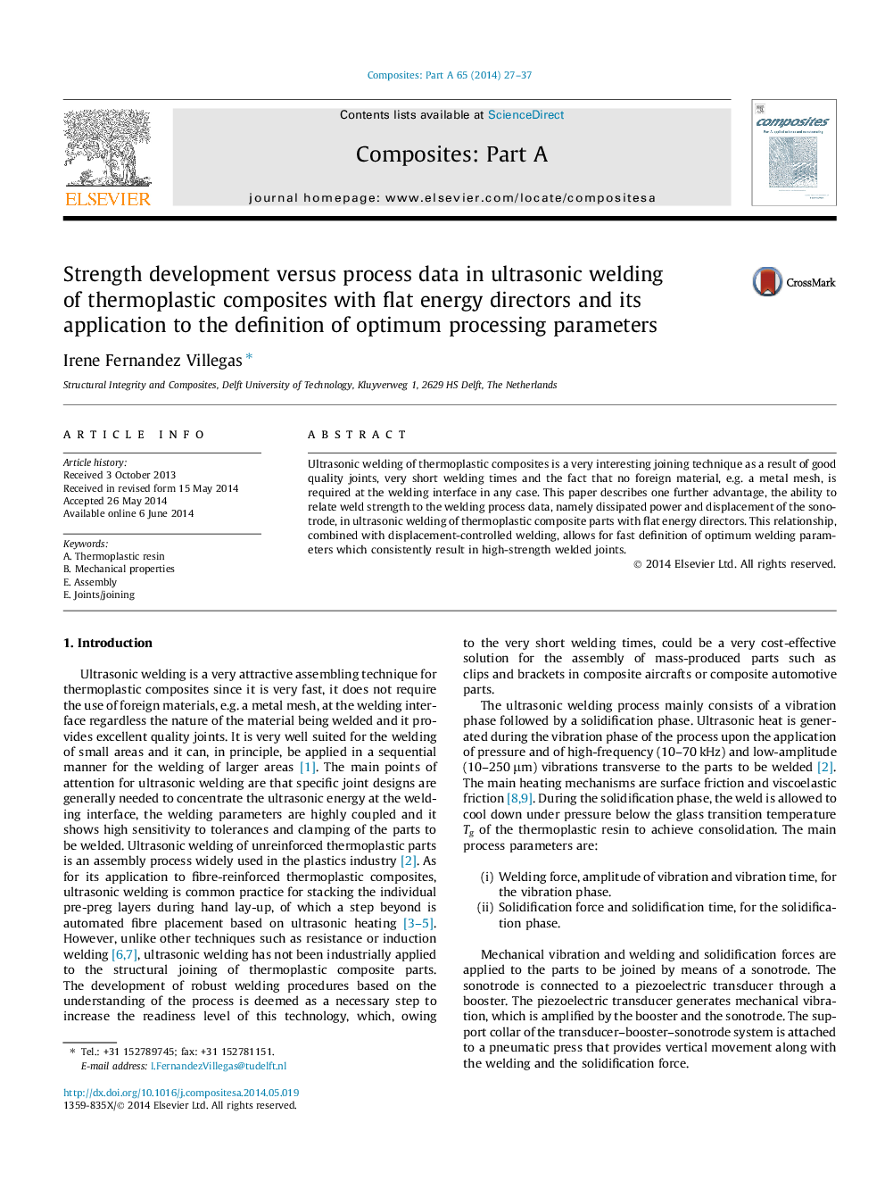 Strength development versus process data in ultrasonic welding of thermoplastic composites with flat energy directors and its application to the definition of optimum processing parameters