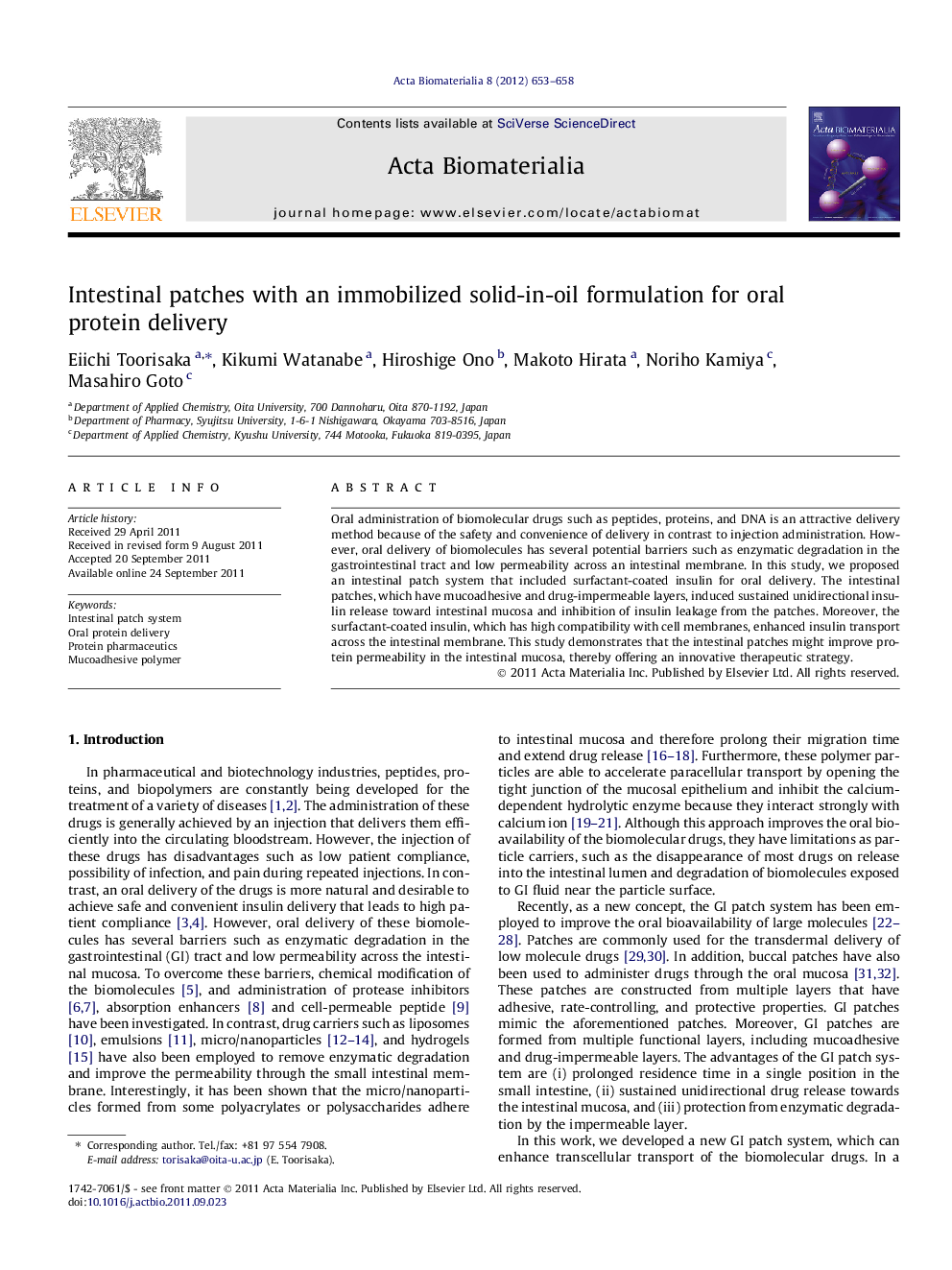 Intestinal patches with an immobilized solid-in-oil formulation for oral protein delivery