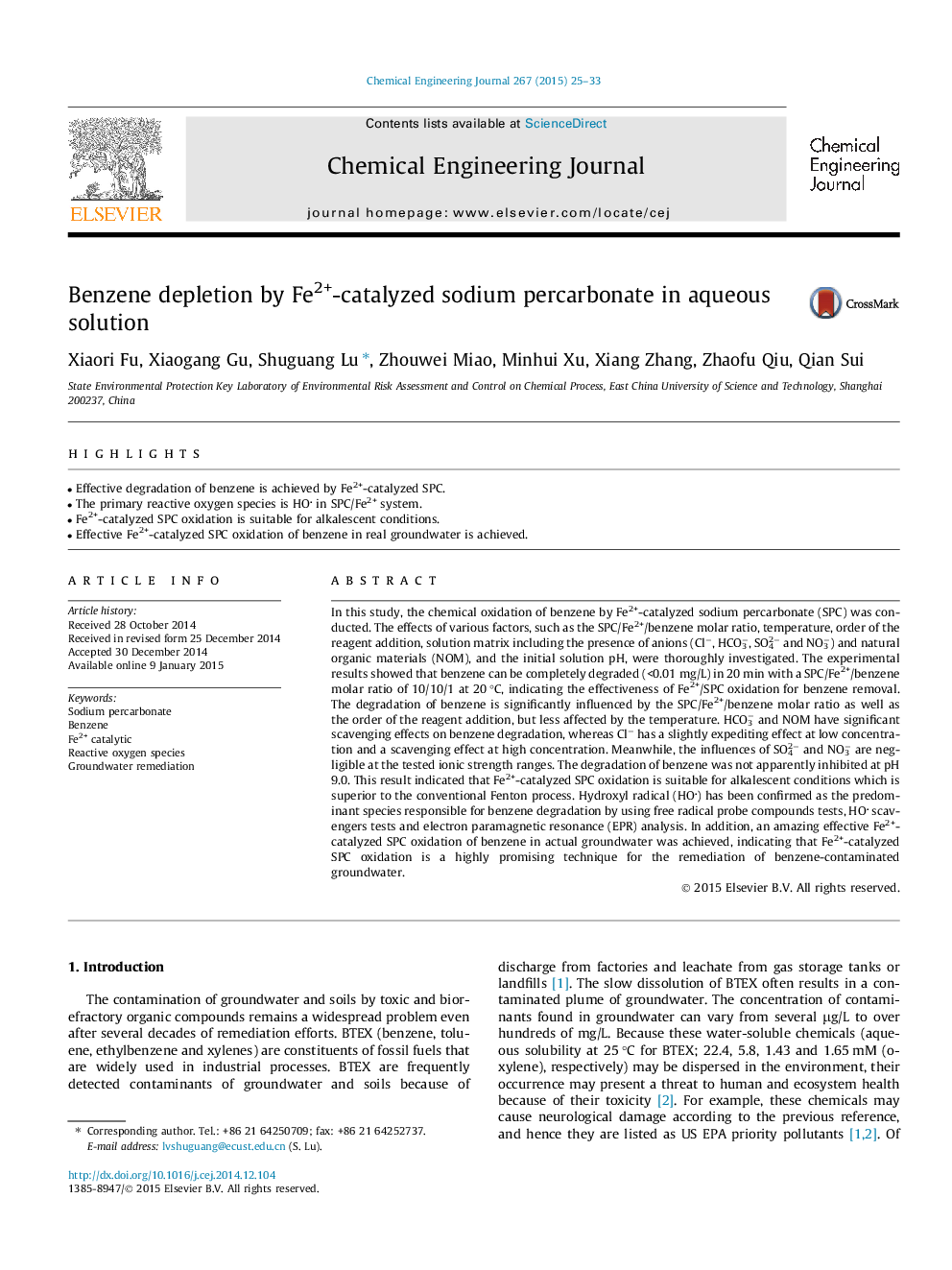 Benzene depletion by Fe2+-catalyzed sodium percarbonate in aqueous solution