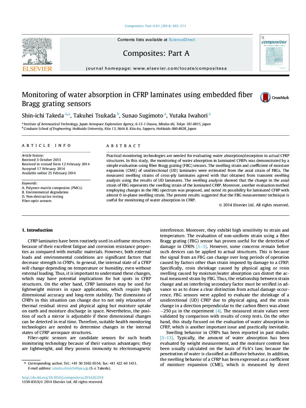 Monitoring of water absorption in CFRP laminates using embedded fiber Bragg grating sensors