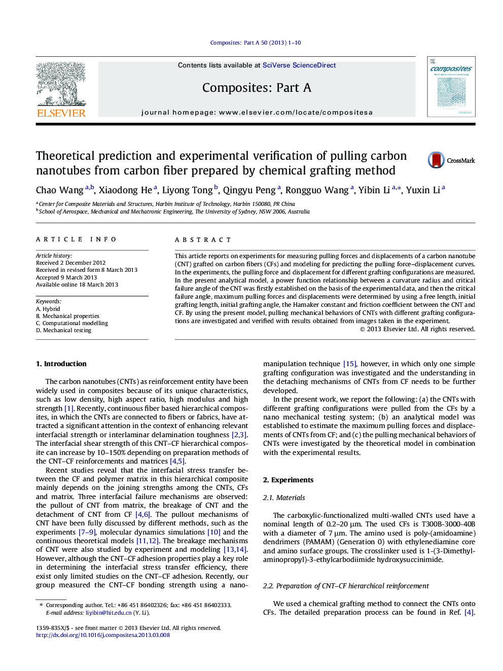 Theoretical prediction and experimental verification of pulling carbon nanotubes from carbon fiber prepared by chemical grafting method