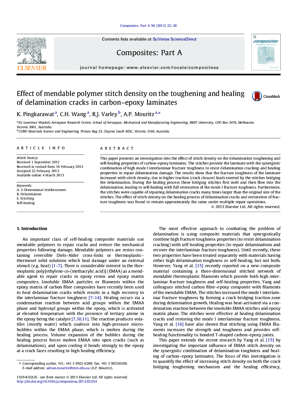 Effect of mendable polymer stitch density on the toughening and healing of delamination cracks in carbon–epoxy laminates