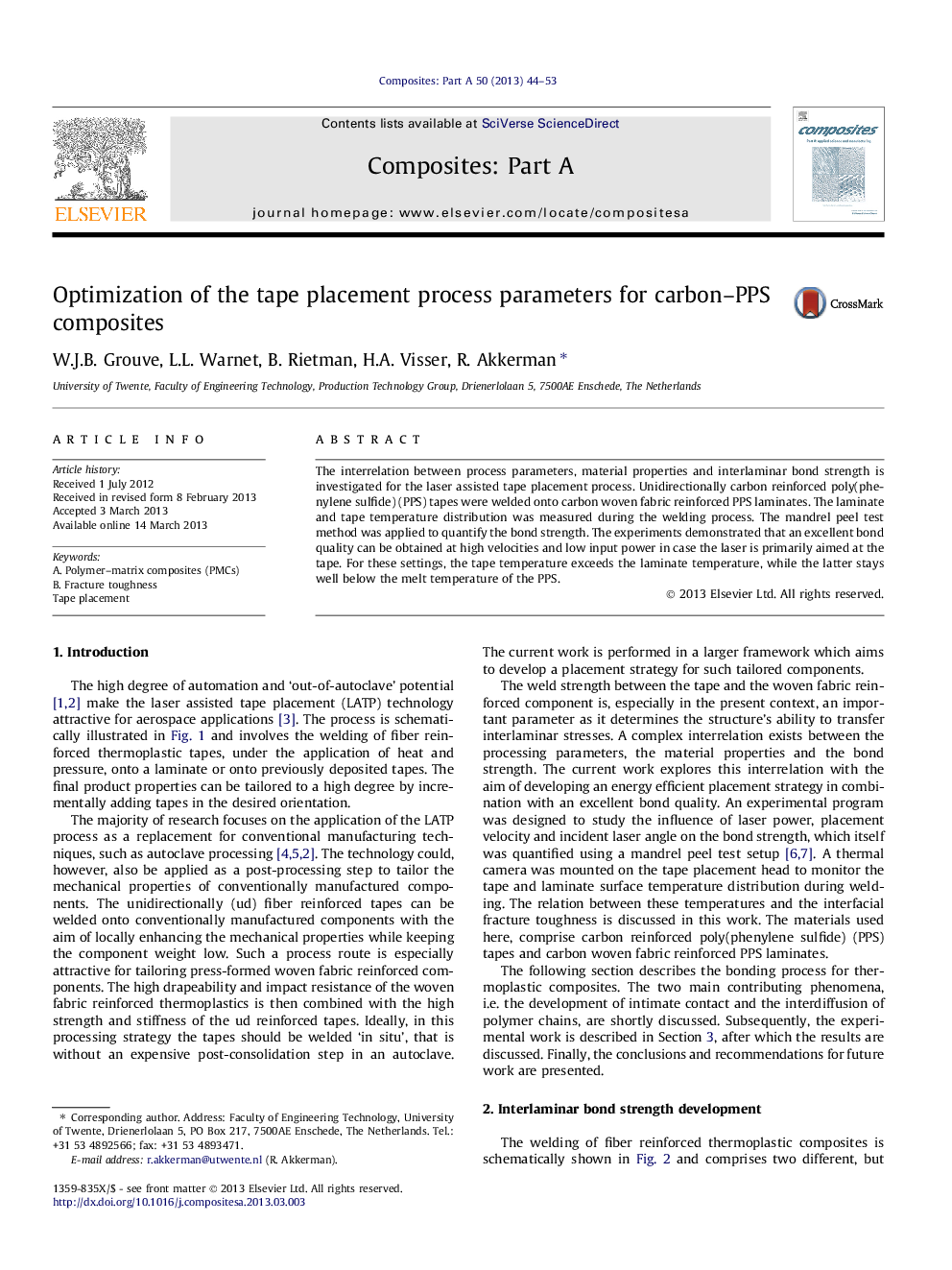 Optimization of the tape placement process parameters for carbon–PPS composites