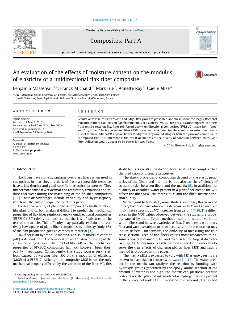 An evaluation of the effects of moisture content on the modulus of elasticity of a unidirectional flax fiber composite