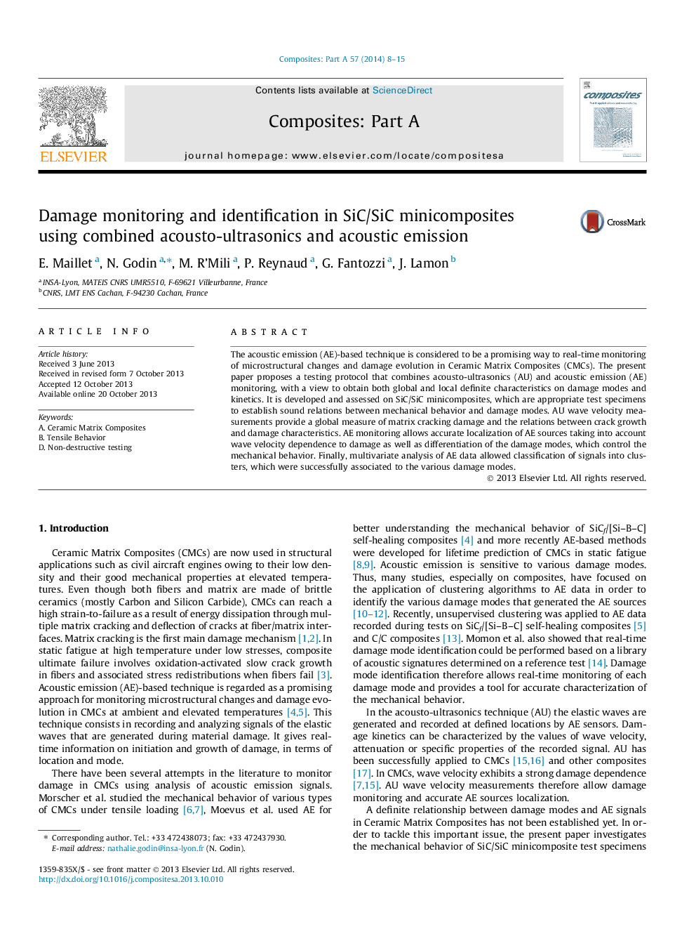 Damage monitoring and identification in SiC/SiC minicomposites using combined acousto-ultrasonics and acoustic emission